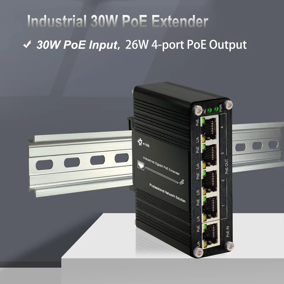 Mini Industrial Gigabit 30W 90W Poe Extender 1 v 4 out, 10/10/1 000 Mbps IEEE802.3AF/AT/BT Poe Repeater DIN Rail/Wall Mount Mount