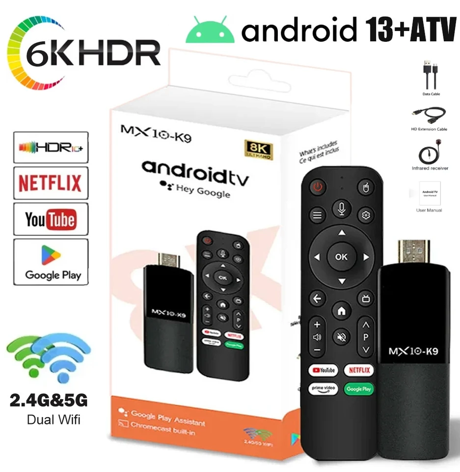 MINI MX10 K9 TV Stick 2G+16G Android13 ATV 6K HDR 2,4G/5G DUAL WIFI SMART TV SET TOW BOX pre Google YouTube Netflix Media Play