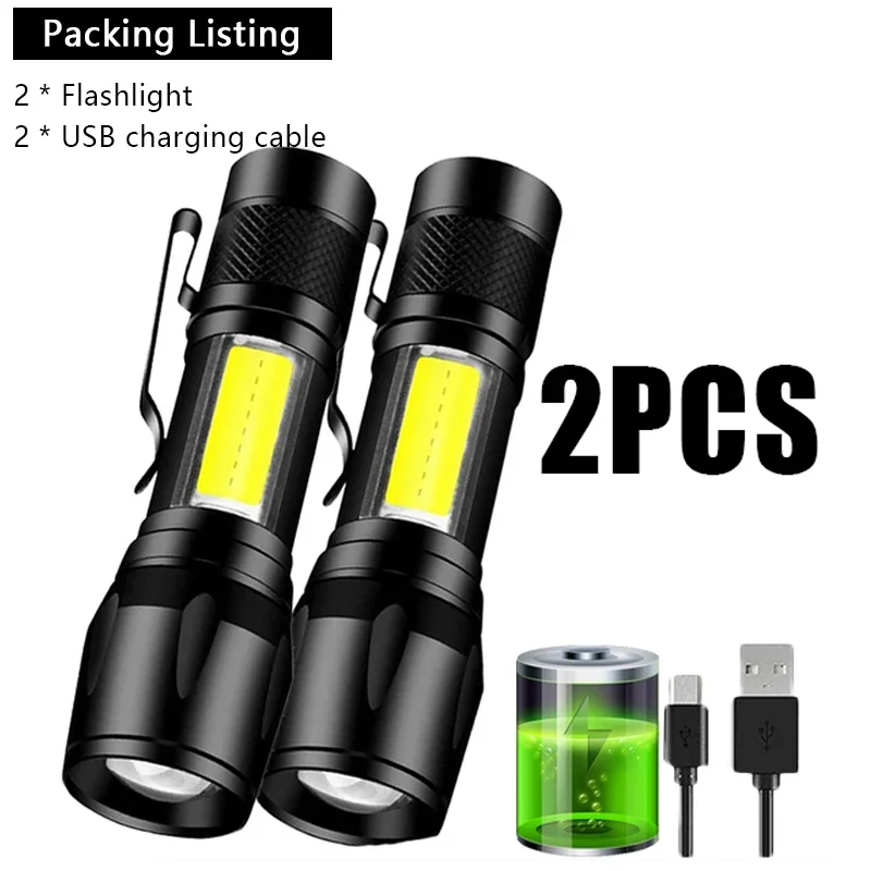 MINI Nabíjateľná LED baterka COB+XPE Prenosná kempová kemping Lucerna Zoomable Focus Light Tactical baterka so sponou perom