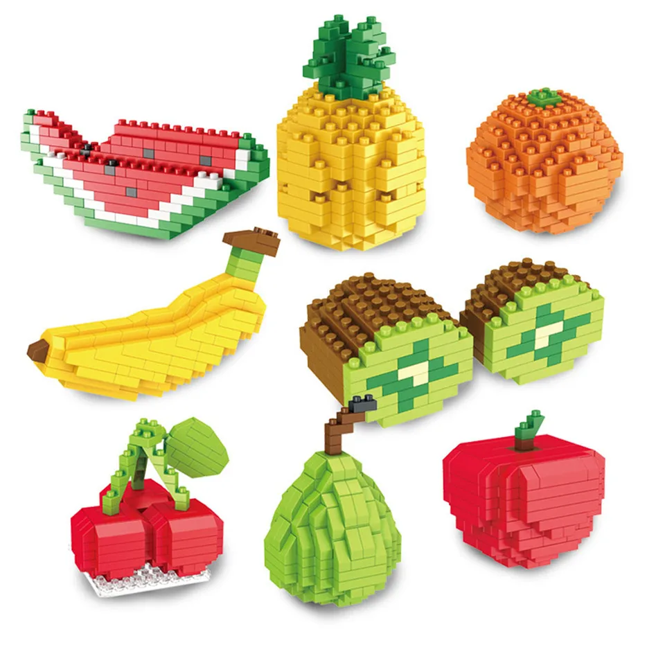 Mini ovocné budovy Bloky hrajte ovocné jablko banán Happy Food Model DIY Zostavte dekoráciu stolných počítačov Bricsk darček pre deti hračky