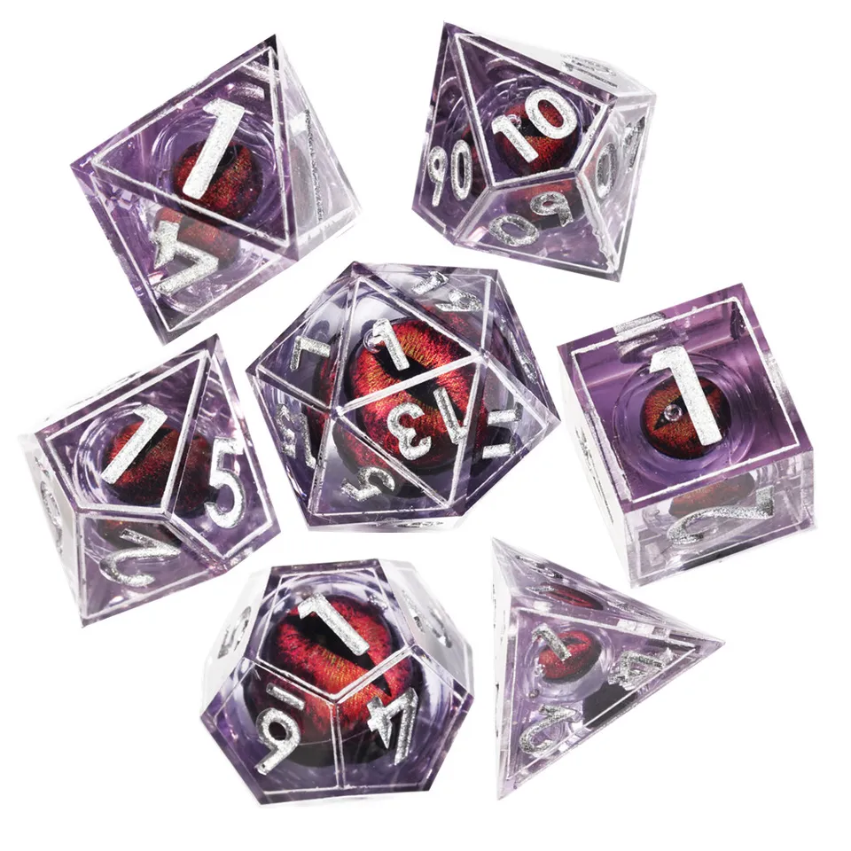 Mini Planet Red Purple Dragon Eye Dice Set 7ks Polyhedrálna živici DND kocky pre TRPG Desktop Games Ručne vyrobené ostré D&D kocky