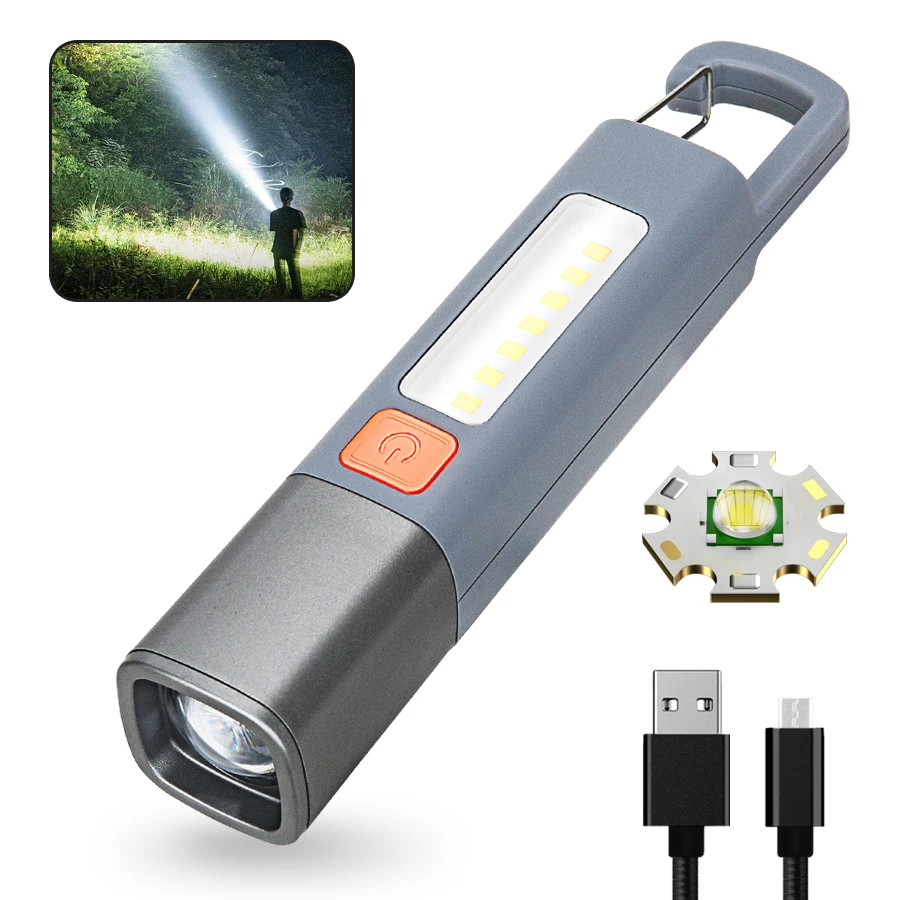 Mini prenosná LED baterka USB nabíjateľná s háčikom priblížiteľným pochodňou vonkajšie kempingy Turistika Dlhodobá núdzová lucerna