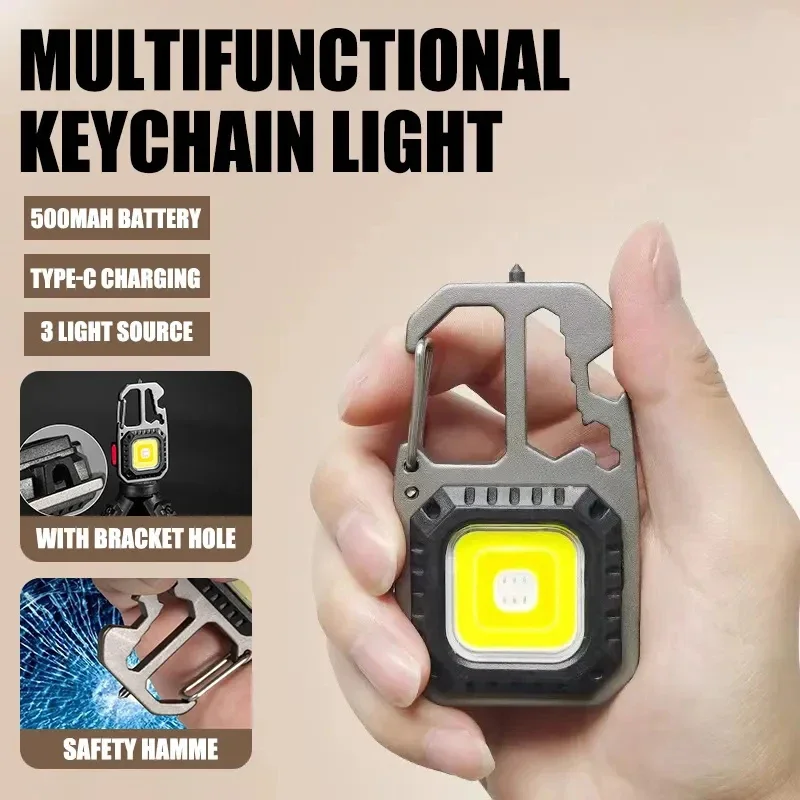 Mini prenosná LED Keychain baterka Vstavaná 500 mAh batéria typu C nabíjanie vonkajšie kempingové kempingové kladivo Pracovná lampa