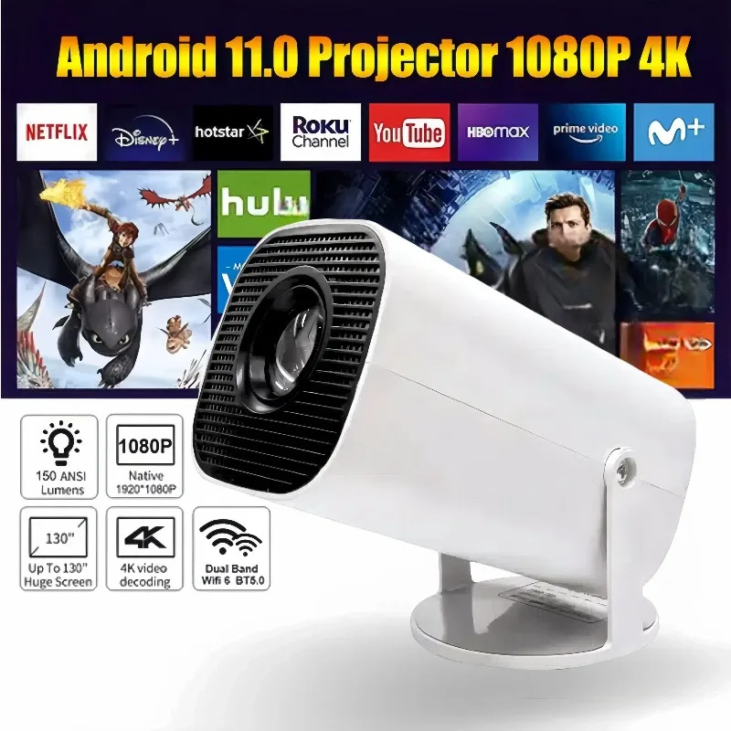 Mini prenosný projektor Home Cinema 1080p HD 4K Android 11 projektor s WiFi 6 a Bluetooth Smart Pocket Outdoor