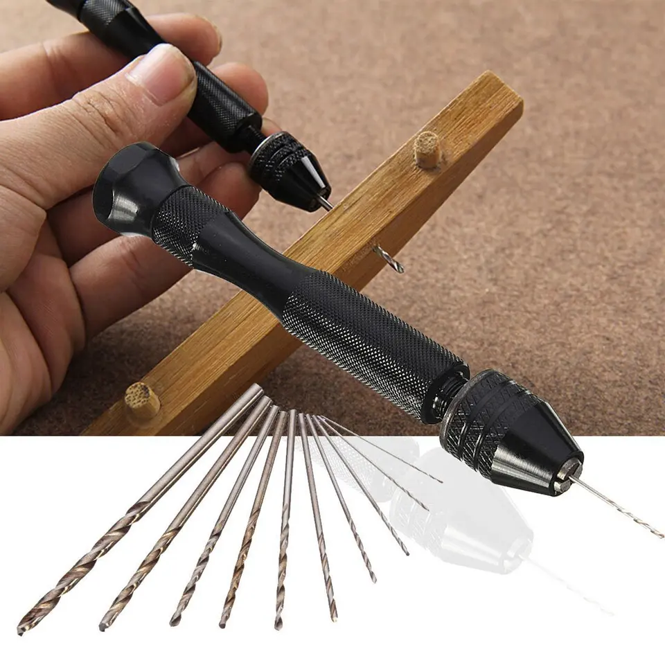 Mini ručná vŕtačka s bezkľúčovým skľučovadlom a 10 ks HSS oceľový zákrut vŕtačky Bit Woodworking Vŕtanie Rotačné náradie ručné vŕtacie náradie