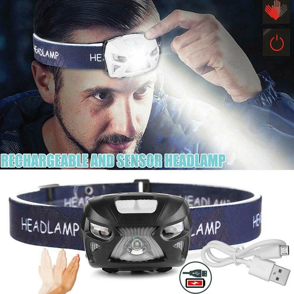 Mini silné svetlo LED svetlomet USB Opätovné opätovné snímač pohybu prenosné vonkajšie hlavné lampa Work baterka