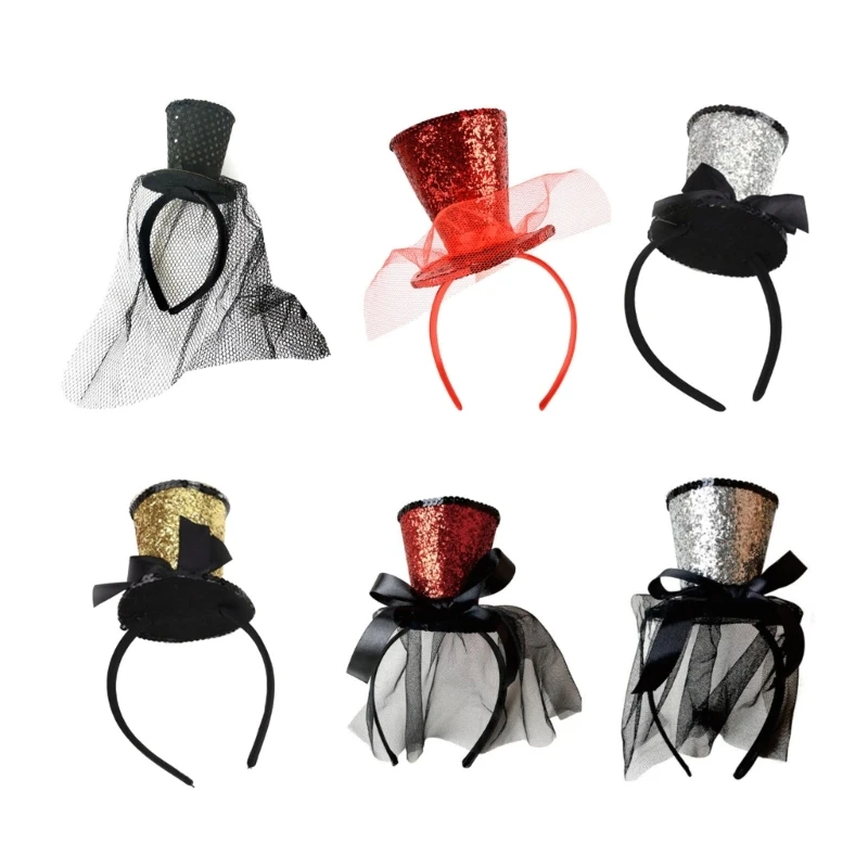 Mini Top Hat Decor Carnival Kaderské doplnky Ženy Študenti Živé vysielacie vlasy Flitre čelenky farebný vlasový obruč