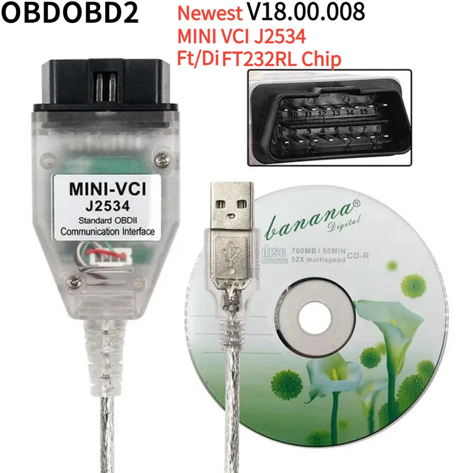 MINI VCI V18.00.008 TIS Techstream pre Toyota Minivci FT/DI pre J2534 Automatický skener nástroj OBD 2 OBD2 Diagnostické káblové konektory