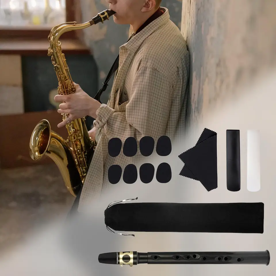 Mini vreckový saxofón s trstinami, nosiaci vrecko, vankúšiky, čistiaca látka ľahká prenosná prenosná mini sax -drevená prístroj pre dospelých