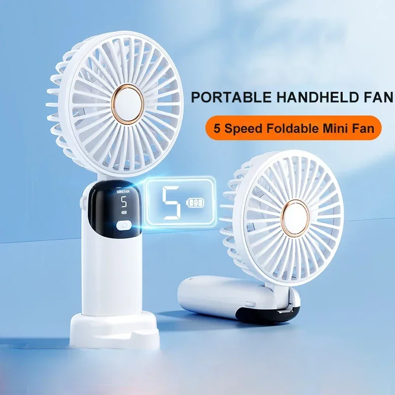 Mini vreckový ventilátor Skladateľný prenosný krk visiaci ventilátory 5 Speed ​​USB Nabíjateľný ventilátor s telefónom s malým cestovným kempingom Handfan