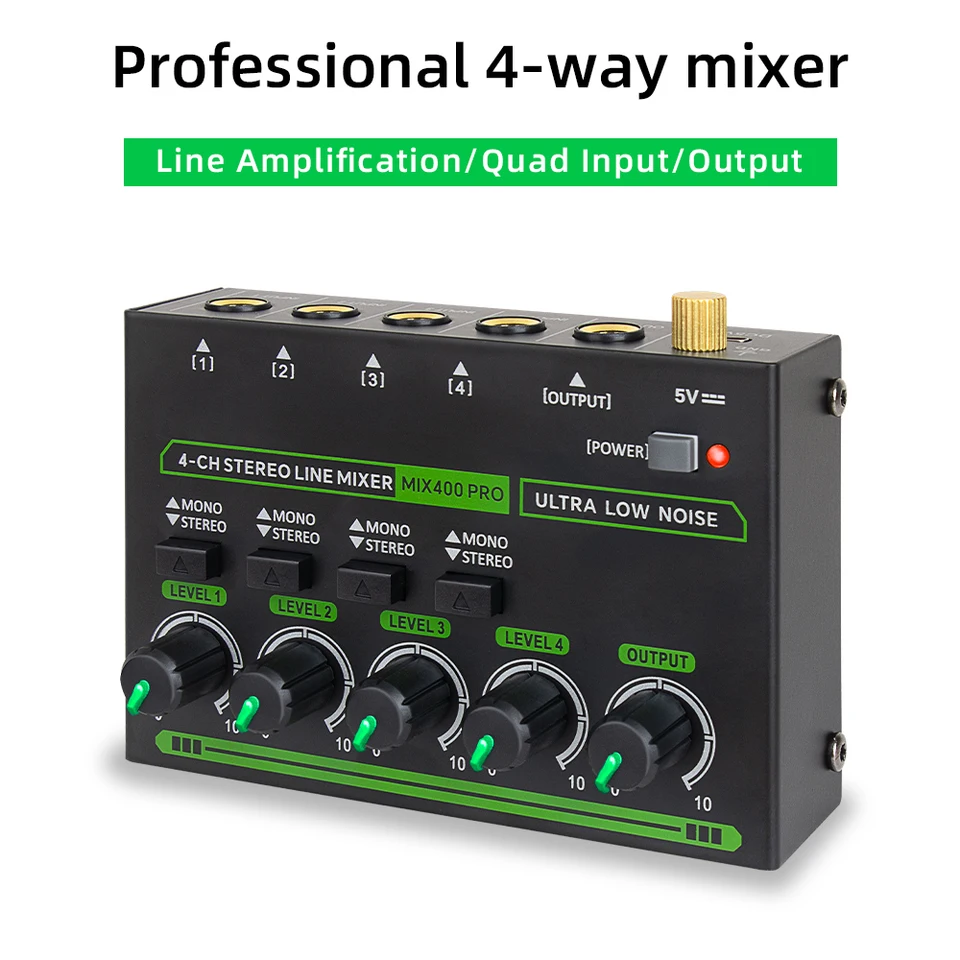 Mini zvukový mixér 4-kanálový stereo mono prepínanie 6,35 mm TRS/TS Vstupný zvukový procesor Ultralow-Noise Mixer pre gitarovú basovú pódium