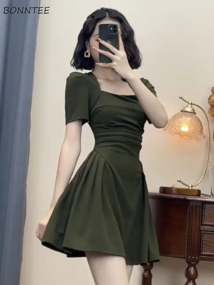 Mini šaty pre ženy záhyby pevné puzdro Puff Ruckve letný dizajn jemné denné koreanské štýly štíhle fit populárny módny vestido feminino