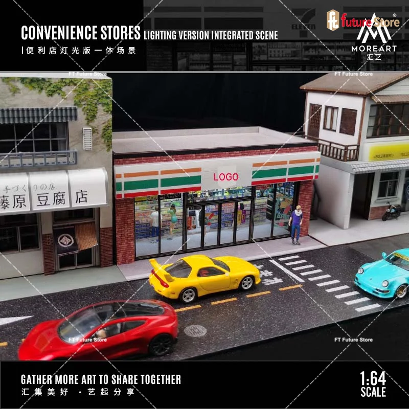 Miniatúrna scéna 1/64 Model obchodu s supermarketom architektonickým výhľadom na ulicu Micro Light Dekorácie Zhromažďovanie garáže auta