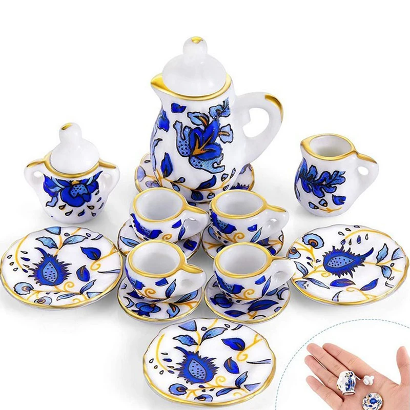Miniatúrny čajový šálka sada miniatúrne te hry Doll House Modrá a biela mini čajová sada chintz riadok
