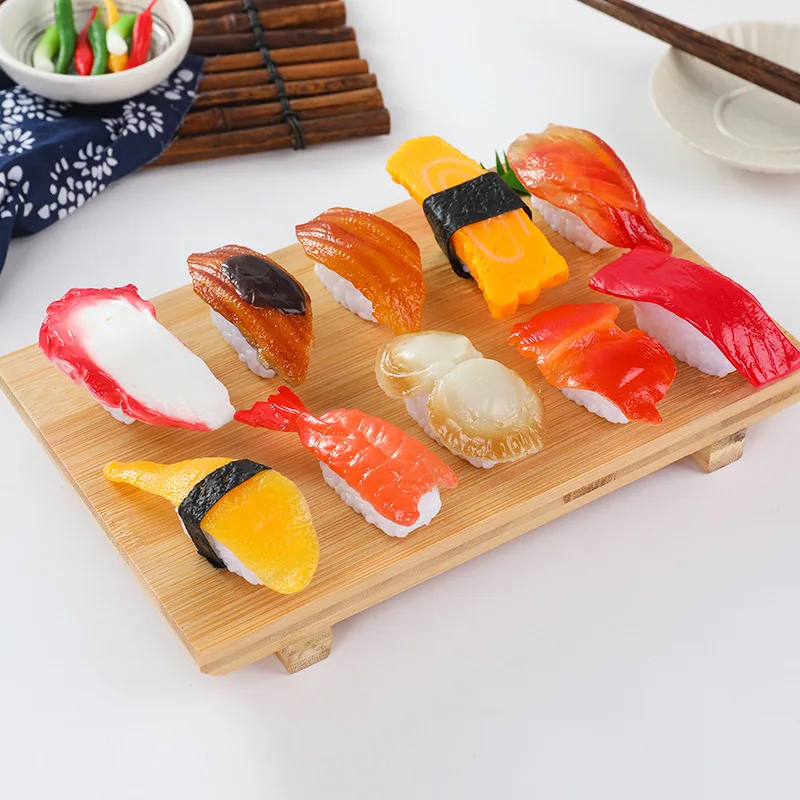 Miniatúry umelé falošné sushi simulácia roztomilý materiál PVC Materiál ryby krevety Losos Plátky Model maľba rekvizity zásob