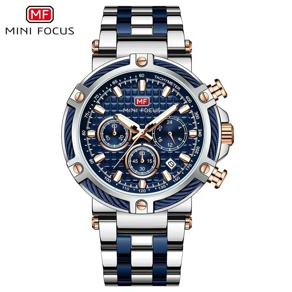 Minifocus z nehrdzavejúcej ocele Luxusný športový chronograf Quartz Luminous withwatch pre mužov 24-hodinové módne pánske hodinky 0470G