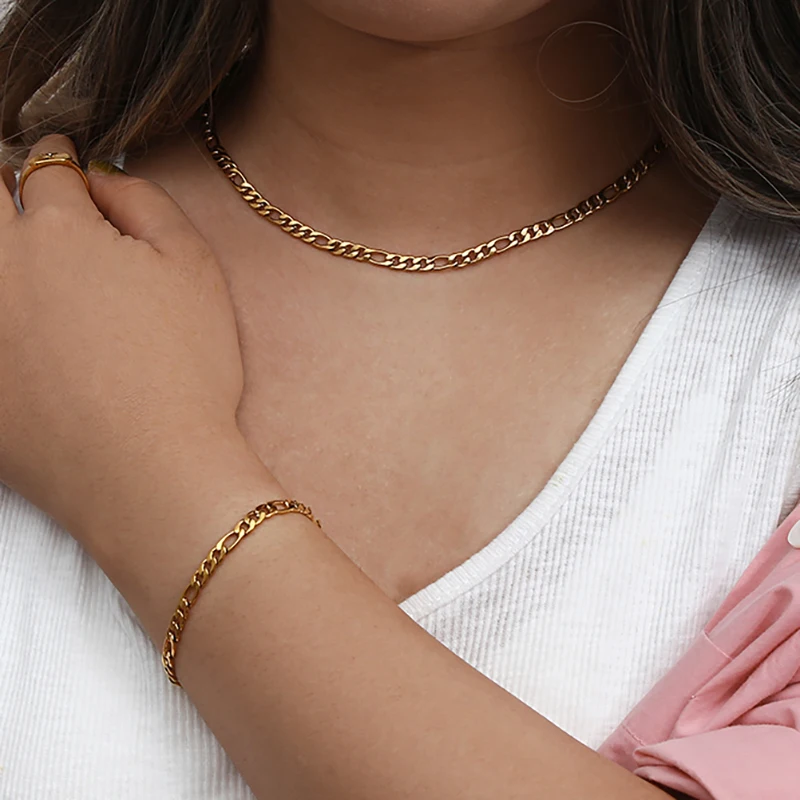 Minimalista 4 mm figaro reťazec náhrdelník Náramok šperkov Sada nerezových oceľ 18k Zlate Minimalistické zlaté chokerové náramky