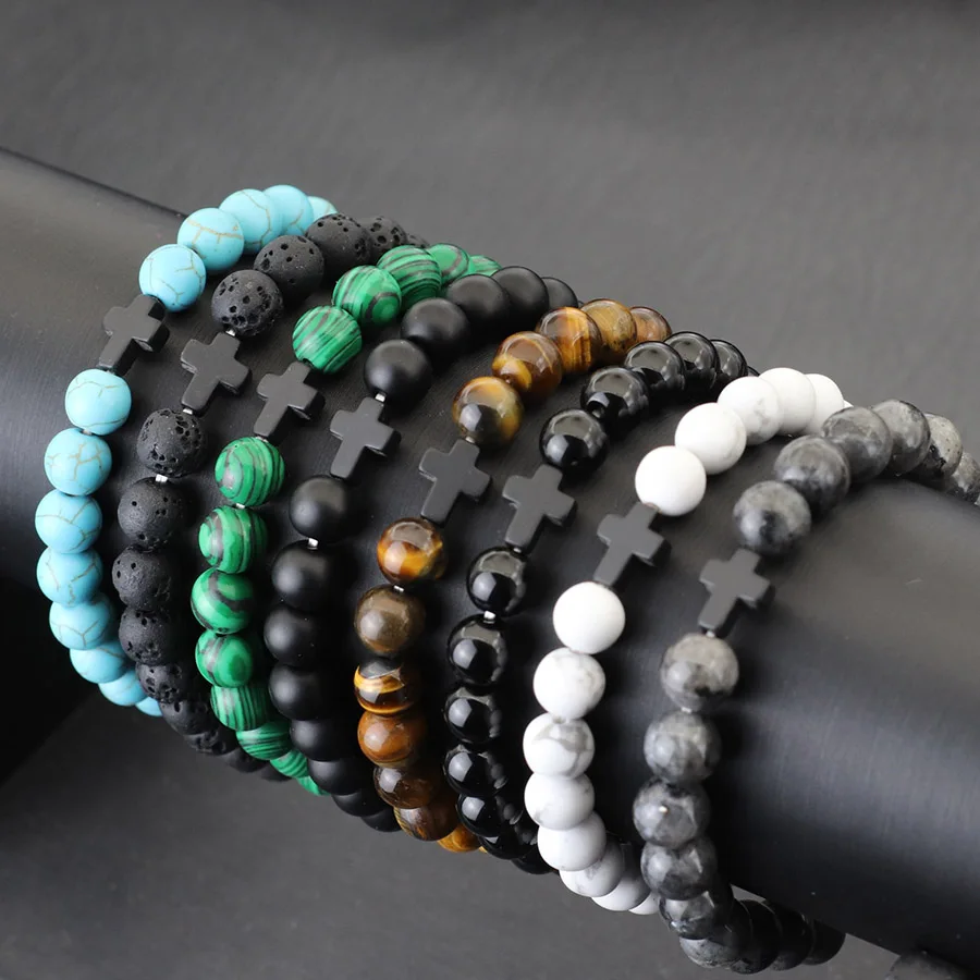 Minimalistický krížový náramok muži prírodné tigrie oči láva Howlite Stone korálkový korálkový liečivý meditácia meditácia Príležitostné príslušenstvo Joias