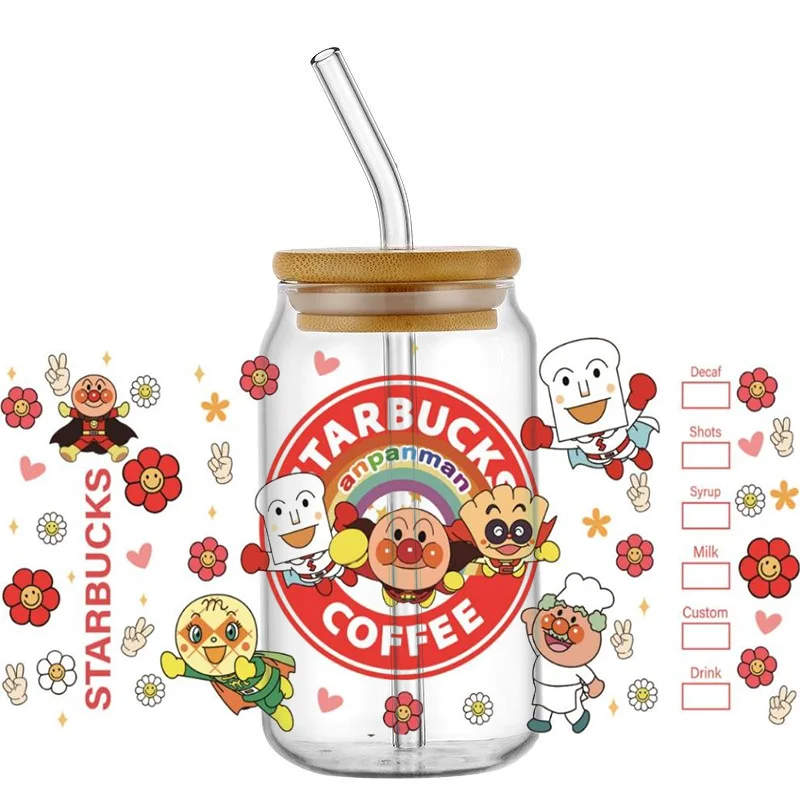 Miniso Anpanman Pattern 16oz Libbey Glass môže uv dtf obal DIY libbey sklo môže uv dtf prenos 3D nálepka