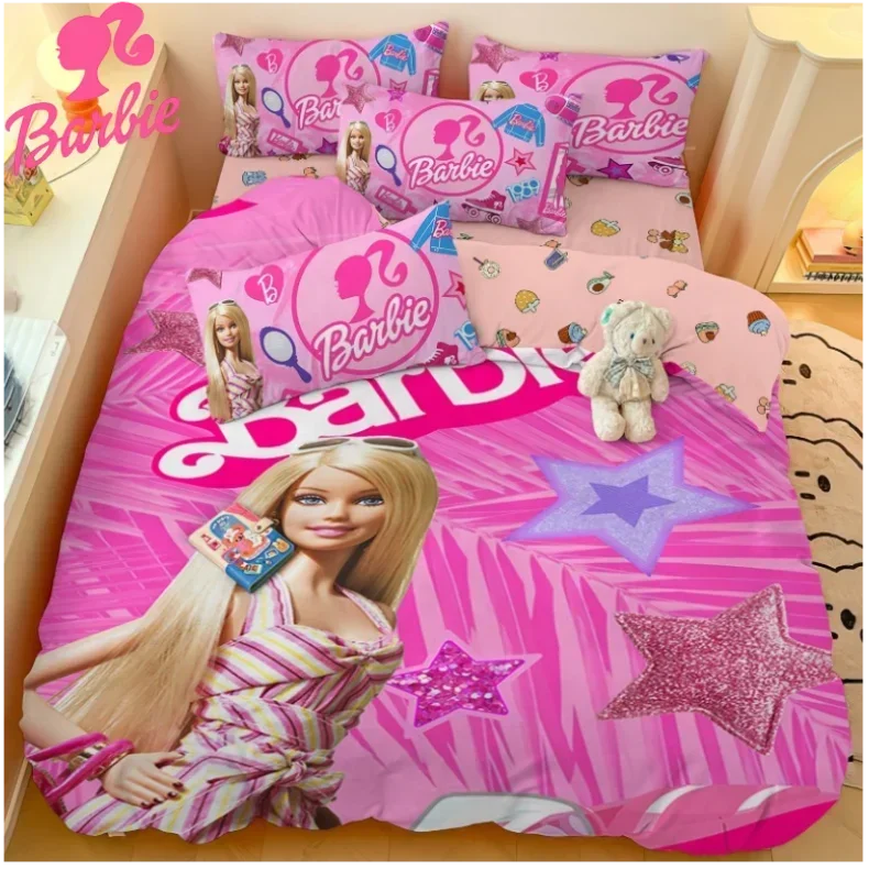 Miniso Barbie Kawaii Sladká karikatúra tlač Ant-Static Pohodlná pokožka priateľská k mäkkému postele a prikrývky prikrývky štvorčlenná súprava
