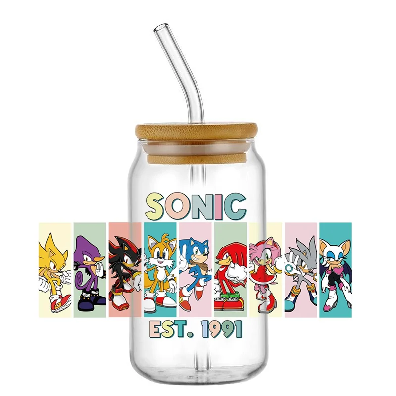 Miniso Cartoon Hedgehog UV DTF Cup Wrap pre 16oz Libbey Game Series Pivo Glass Can Cup zabaliť UV DTF DIY STrancovanie SelfAdhesve