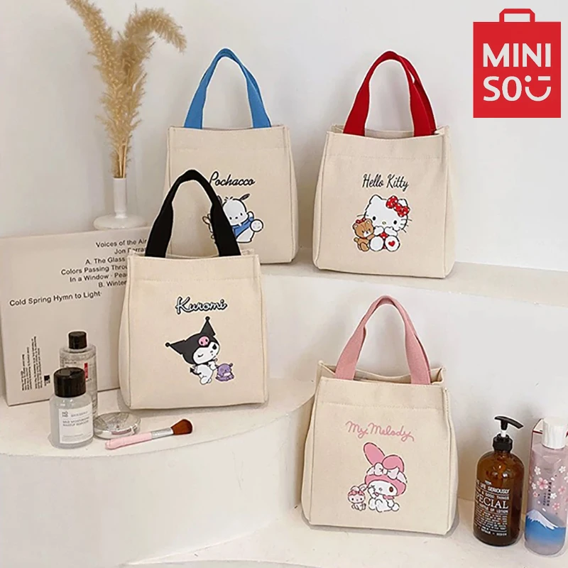 Miniso Cartoon Vytlačená kabelka pre ženy plátno taška na vonkajší obed, neformálne a módne taška na vrecko na vedro