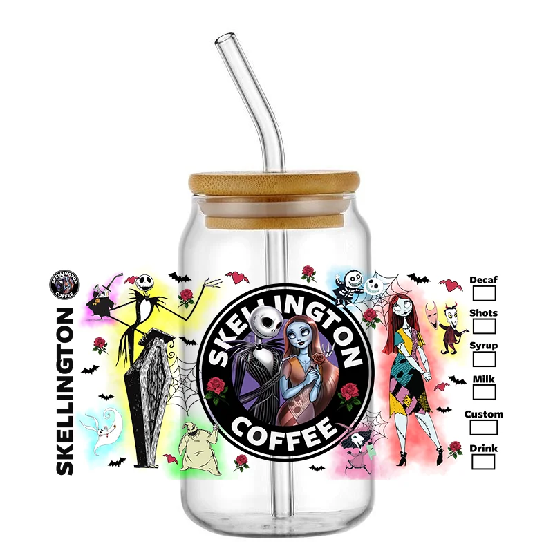 Miniso Corpse Bride Pattern Cartoon 16oz UV DTF Cup Cup Transfer Sticker pre sklo libbey can fľaša selfadhezívne vodotesné