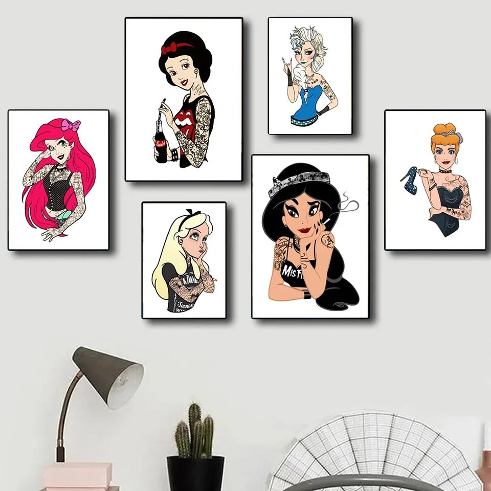 Miniso Disney Princess Cartoon Punk Tattoo Wall Art Plagát princezná maľba detská izba Škandinávska tlač obývacia izba dec