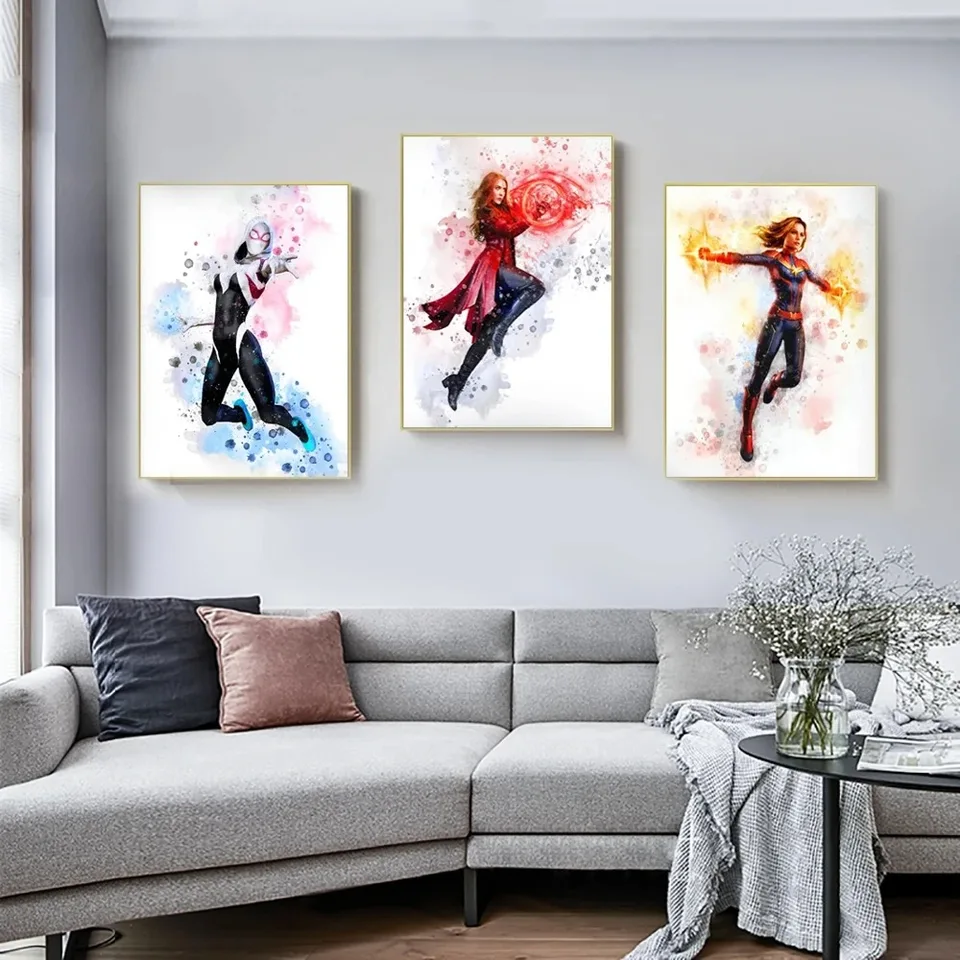 Miniso Disney superhrdina plagát Žena hrdina obrázok Čierna vdova Scarlet Witch Watercolor Wall Art Deti Canvas Room Decor Darček