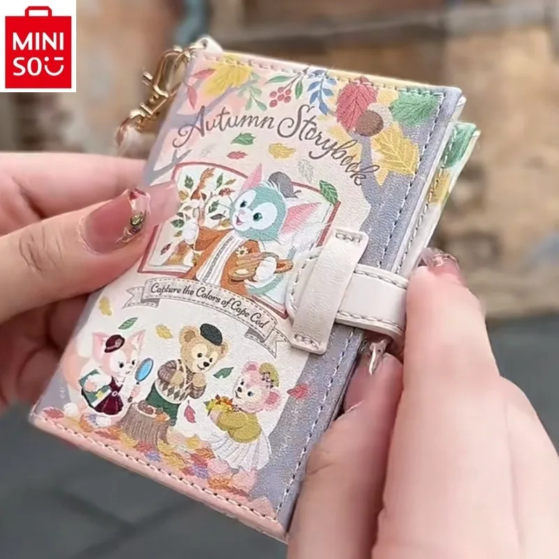 Miniso Disney Vysokokvalitný PU kožené kožené sloty držiteľ certifikátu nulovej peňaženky pre dámy, roztomilý karikatúra Duffy Bear Peňaženka