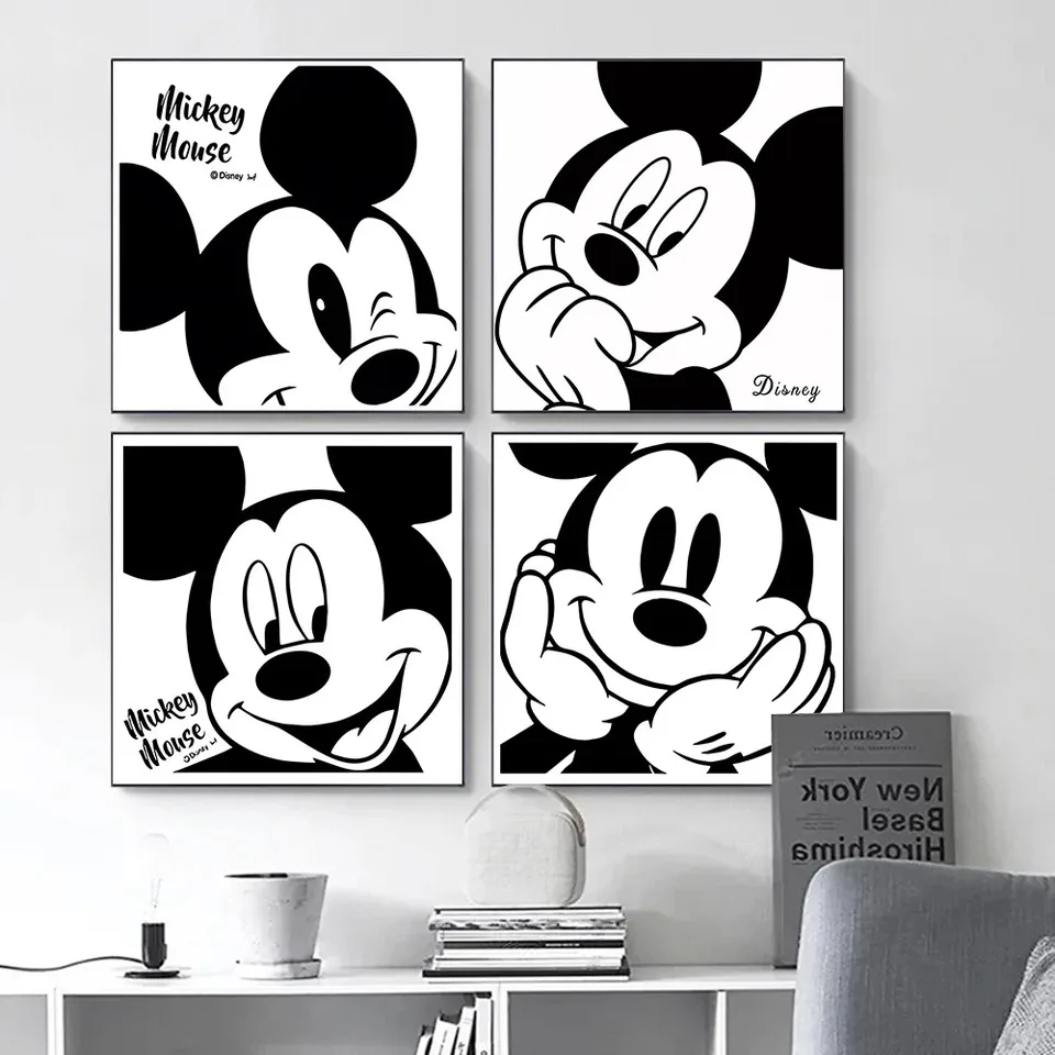 Miniso Disney čierna biela minimalistická minimalistka Mickey Mouse Wall Art Anime Plagáty Moderná karikatúra Room Domáca dekorácia plátno maľba nástenné maľby