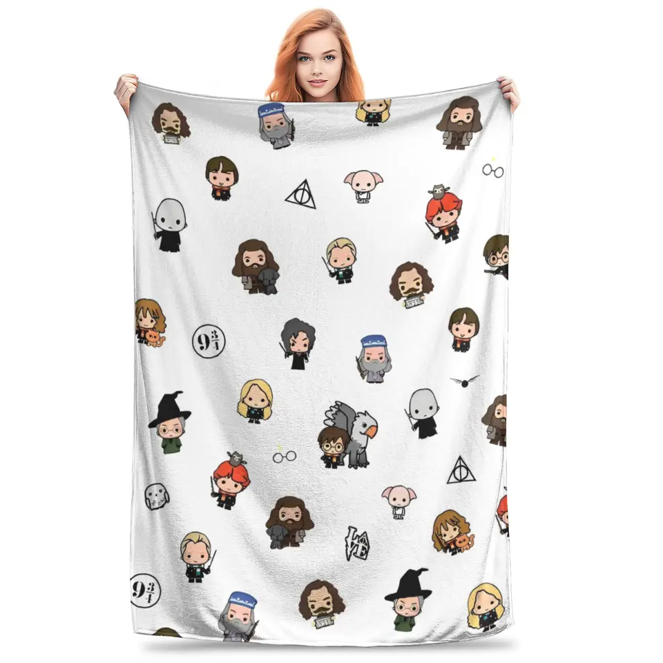 Miniso Harry Potter pletená prikrývka roztomilá karikatúra flanel Hrot prikrývky posteľná gaučová dekorácia Lightweight Bedsprea