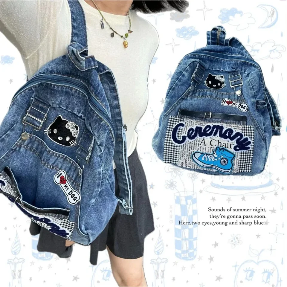 Miniso Hello Kitty batoh retro retro dámsky batoh Cowboy Crossbody taška roztomilý y2k móda harajuku karikatúra ramenná taška