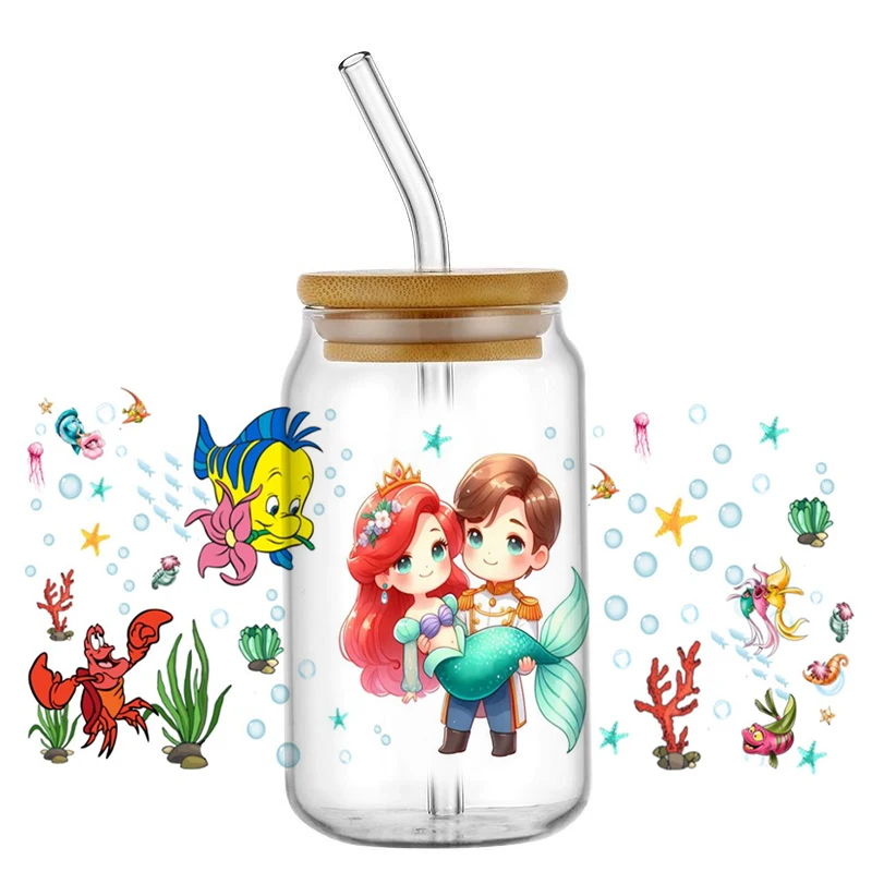 Miniso morská panna vzoru UV DTF prenosová nálepka Vodotesné prevody prenosov pre 16oz sklenené nálepky