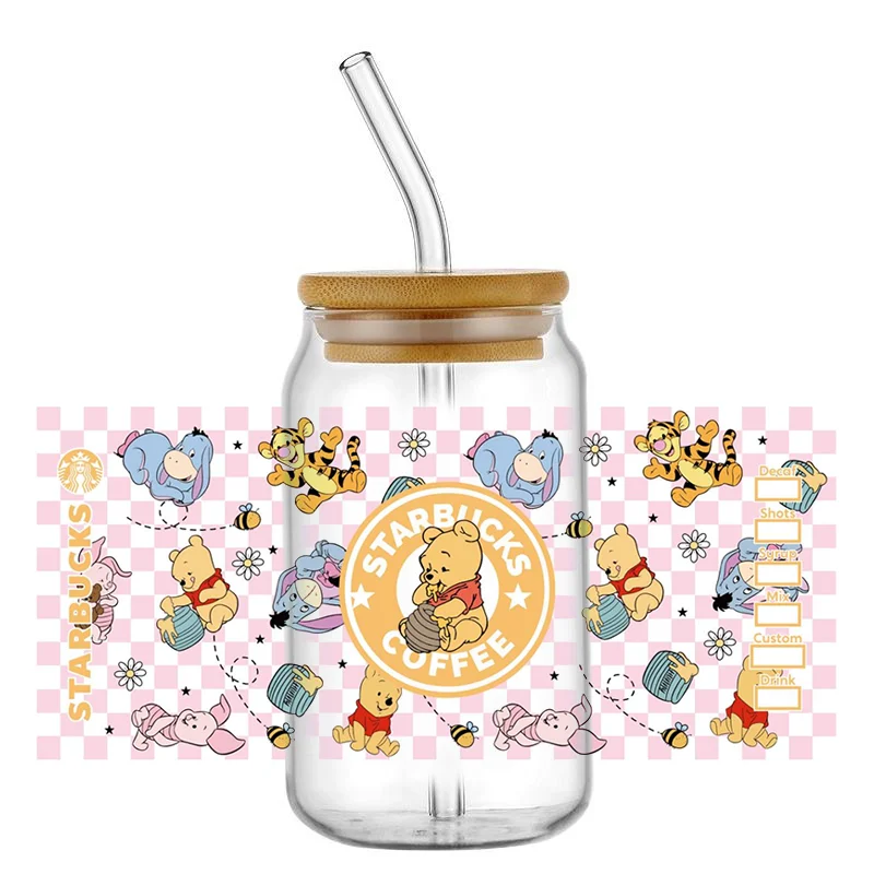 Miniso New Pooh Bear Winnie UV DTF Cup zábaly pre 16oz libbey patt kávu sklo CoP zabaliť uv dtf pre domácich majstrov selfadhesive