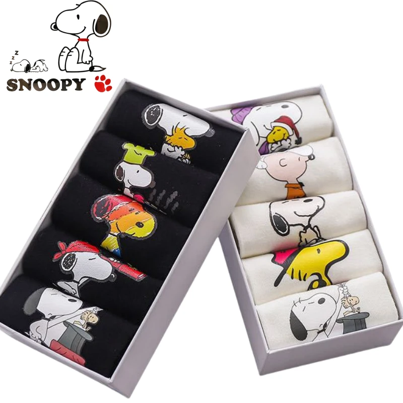Miniso Nový snoopy tlač s krátkym ústami Karikatúra Snoopy 5 párov nekĺzavých člnových ponožiek Girl Darčeky módne a neformálne