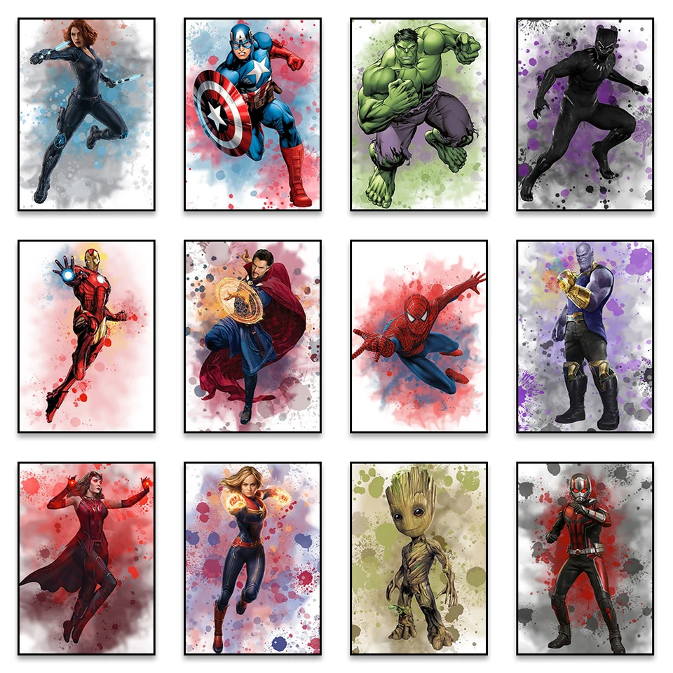 Miniso plagát Marvel Watercolor Picture Canvas Wall Art Tlač plagátu Spider-Man Hulk Captain America Art Mural Home Decor Darček