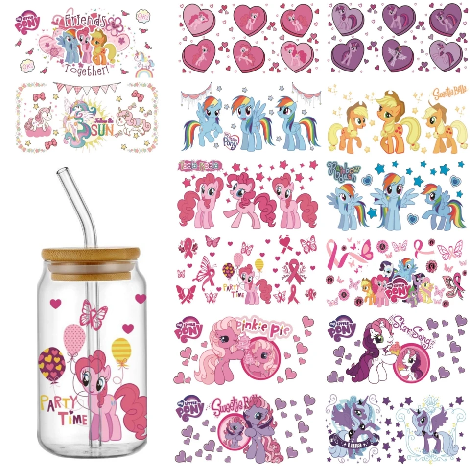 Miniso Pony Cartoon Pattern UV DTF Sticker pre 16oz sklenený pohár Libbey môže zabaliť nálepky na prevody vlastné štítky DIY logo