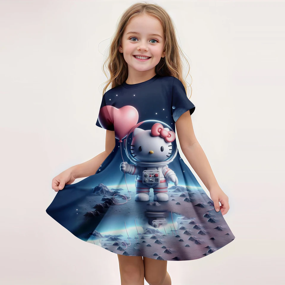 Miniso Populárna letná detská módna dievčina Hello Kitty Dress Cartoon 3D tlačená roztomilá princezná šaty pre pohodlný domov nás