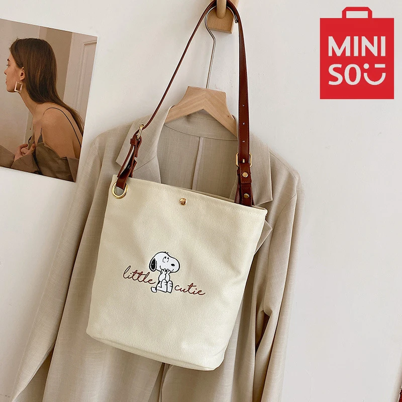 Miniso roztomilé vedro Tach tlačené listy módne veľkú kapacitu plátno s taškou na plece neformálne všestranné krížové taška