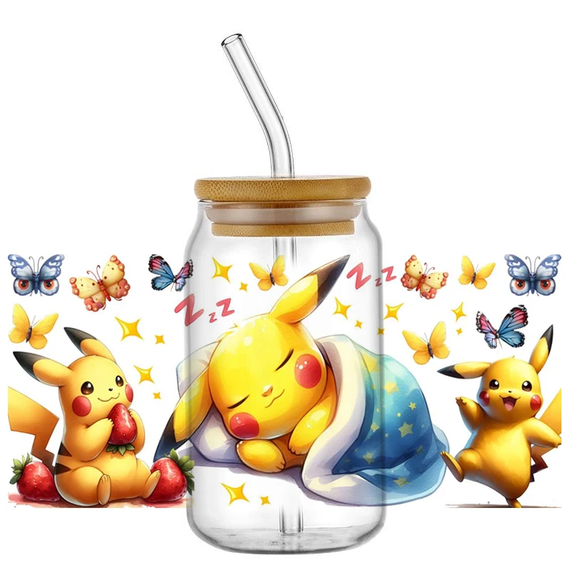 Miniso roztomilý pikachu umyteľný uv dtf pohár zábaly pre 16oz okuliare libbey kresme pokémon