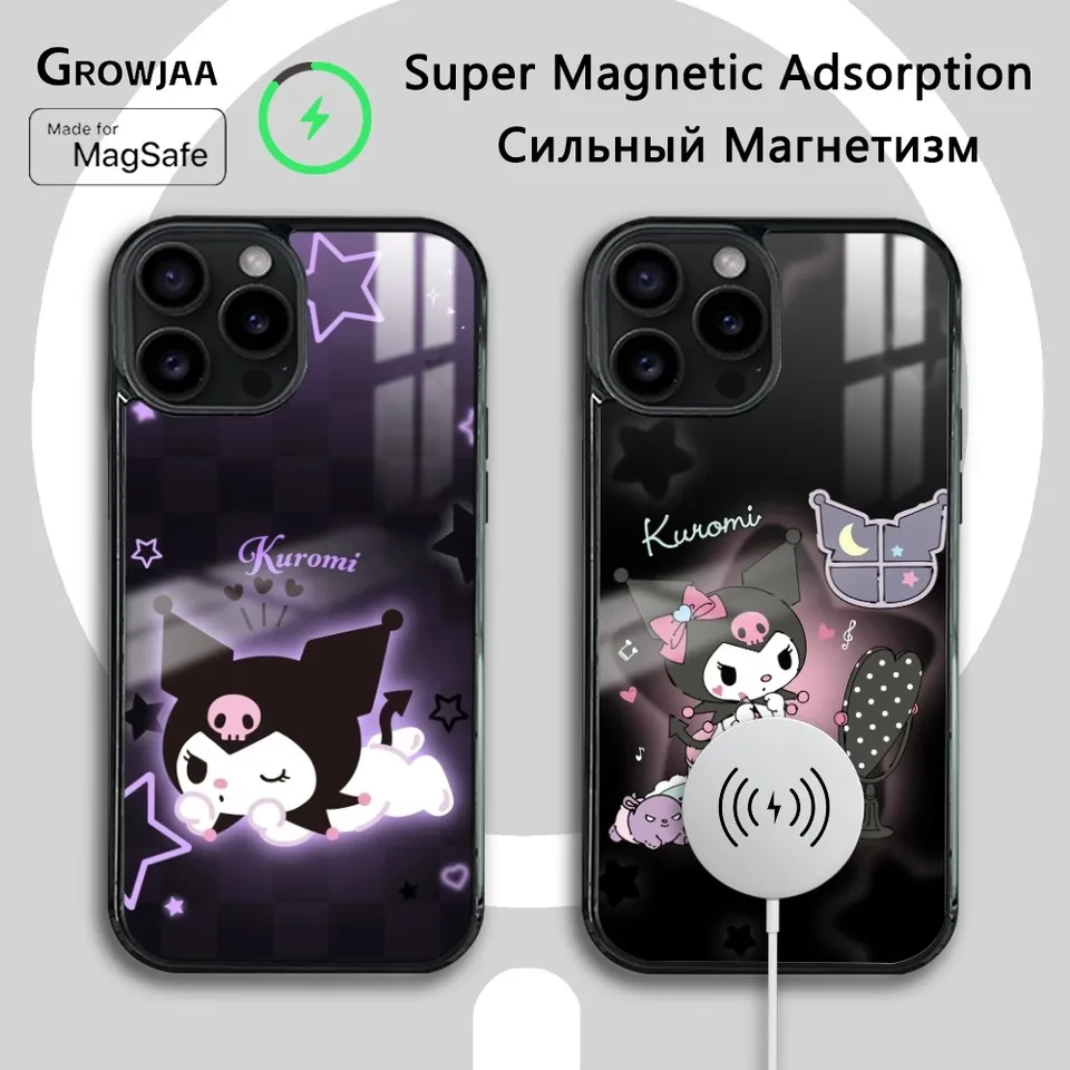 Miniso Sanrio Cute Kuromi Telefón puzdro pre iPhone 16 15 14 13 12 11 Pro Max Plus Mini Magsafe Mirror Wireless Magnetic Cover