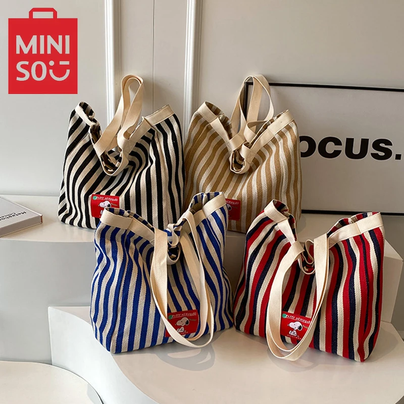 Miniso snoopy veľká kapacita kabelky Dámsky módny pruh plátno karikatúra Tlačená taška na rameno tote taška