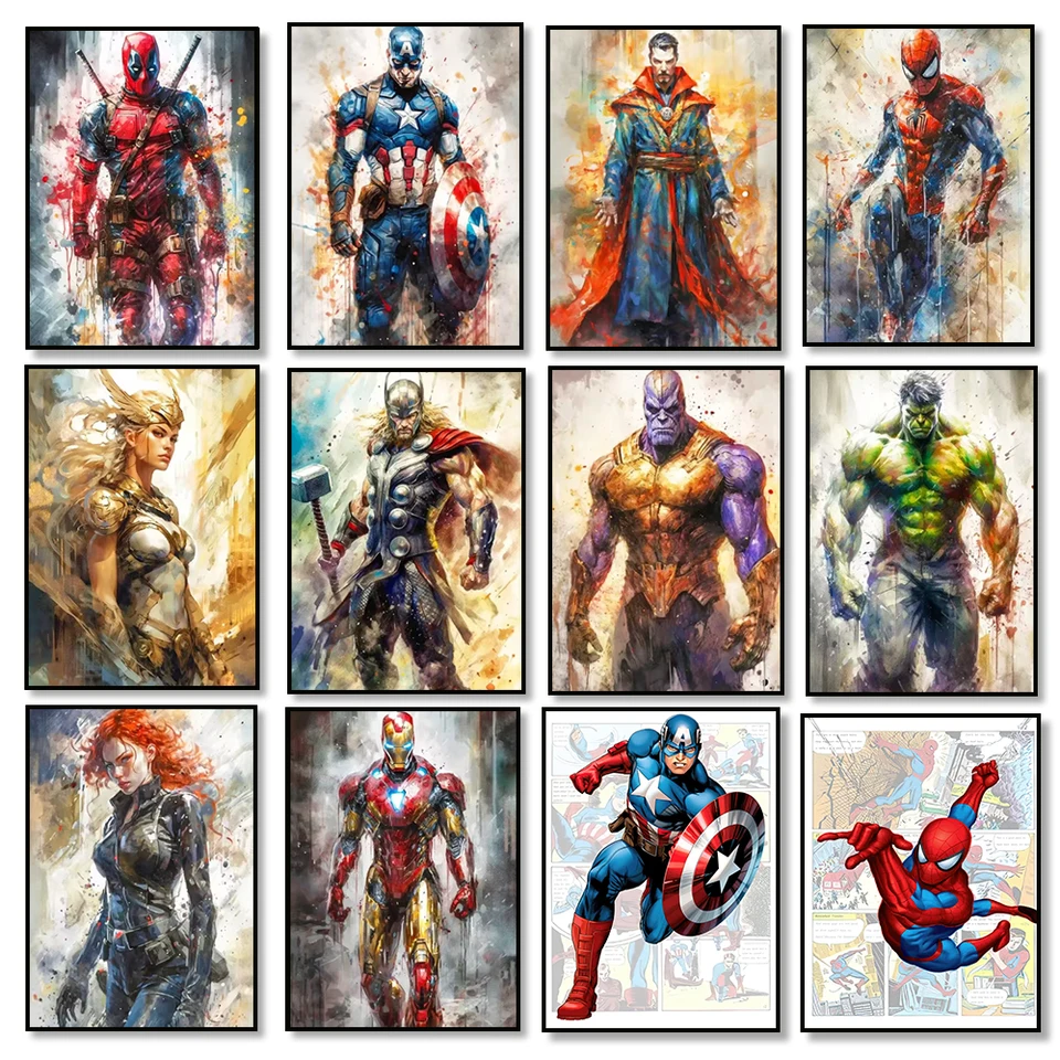 Miniso Watercolor Superhrdin Art Plagát, Captain America Series Canvas Wall Art, Detská izba domácej steny dekorácia, bezrámový