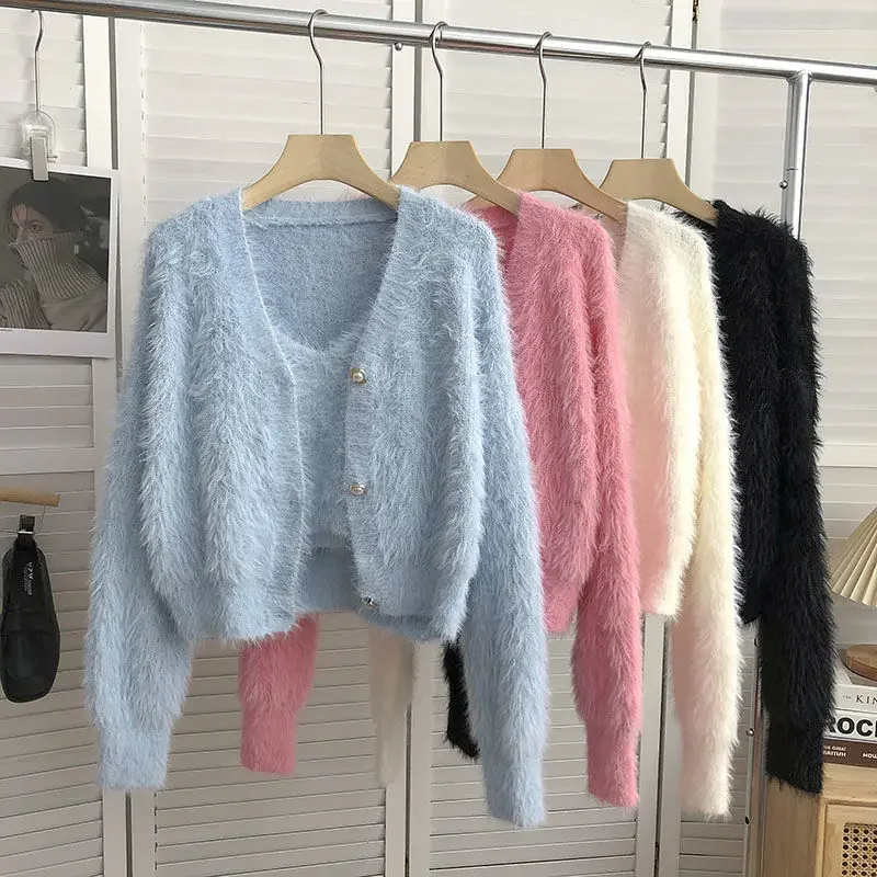 Mink Cashmere Camisole Tops Módne fleece krátky ružový kardigan pletený kabát Pull Sueter Biele svetre pre ženy 2 súpravy V1474
