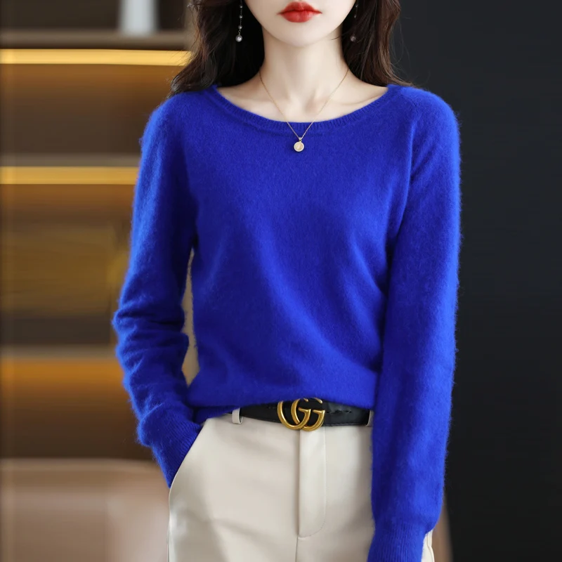 Mink Cashmere Sveter pre ženy, voľný pulóver, nízky O-krk, dlhý rukáv, zmluvný dochádzajúci, základné vrcholy pletenia, jeseň a zima