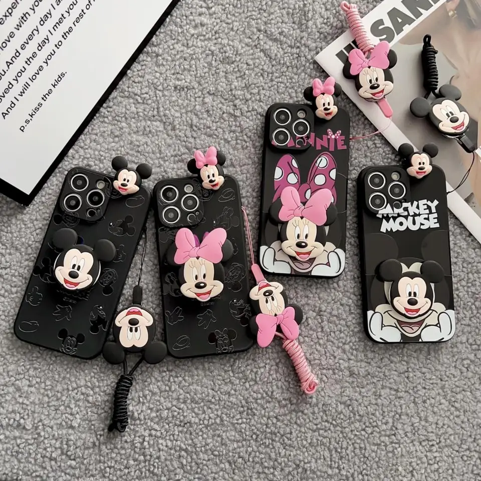 Minnie Mickey hlava pre Samsung Galaxy S7 Edge S8 S9 S10 S20 S21 S22 S23 Plus Ultra S21FE Poznámka 9 10 20 puzdro s držiakom lano