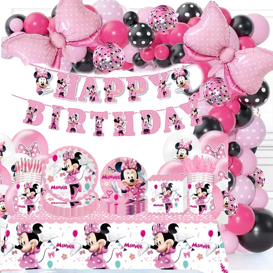 Minnie Mouse Girl Narodeniny dekorácie jednorazové večierky Dodávky papierové tanier pohár obrúsky obrus pre bábätká