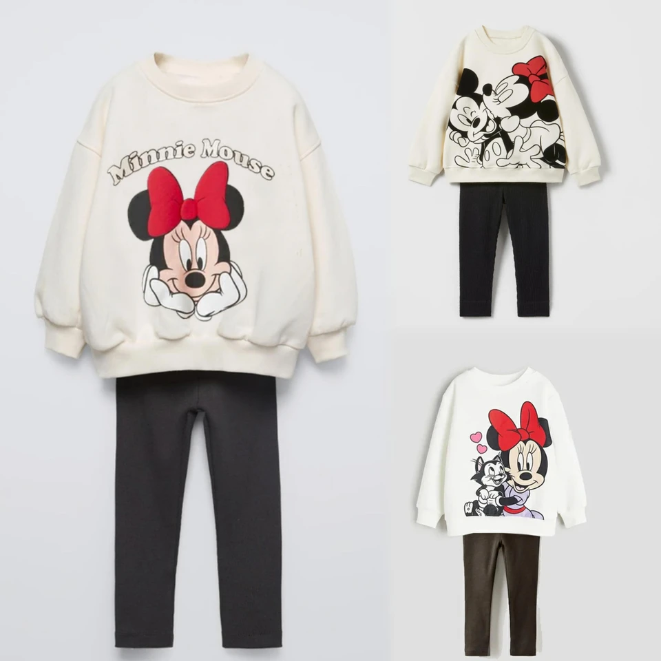 Minnie Mouse Girls Sucshirth Set 2025 Jarné nové detské oblečenie voľné móda s dlhým rukávom Príležitostné oblečenie Dievčatko 2pc/set