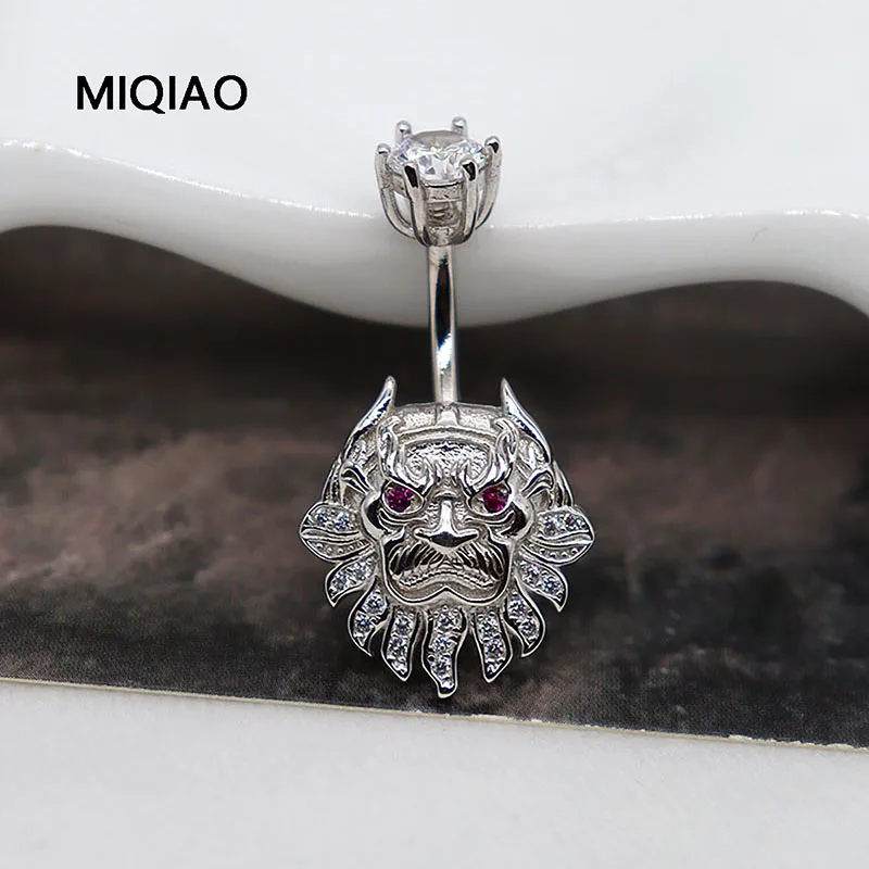 Miqiao Real 925 Sterling Silver Luxury Lev Hlava Piercing Body Blue Belly Piercings Jewelry Fine Sterling Silver Belly Ring